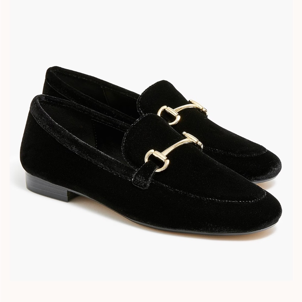 J. Crew Black Velvet Loafers with Gold Horsebit